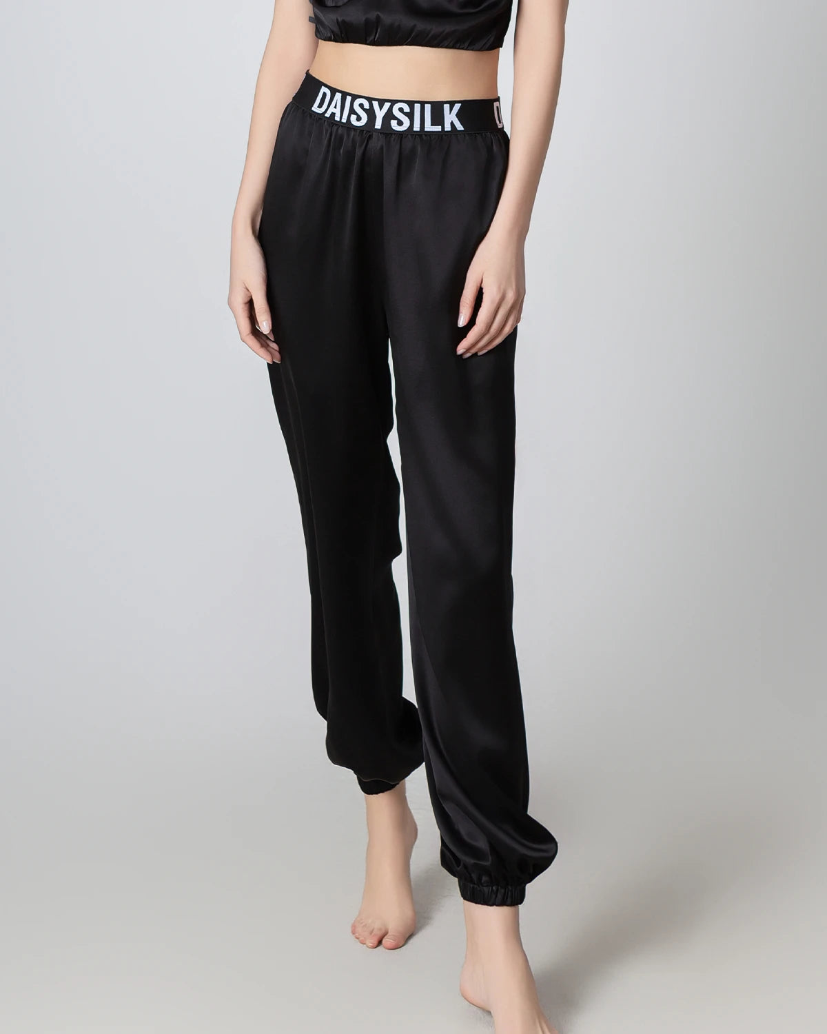 Elastic Waist Loose Ankle Cuffed Silk Pant for Women