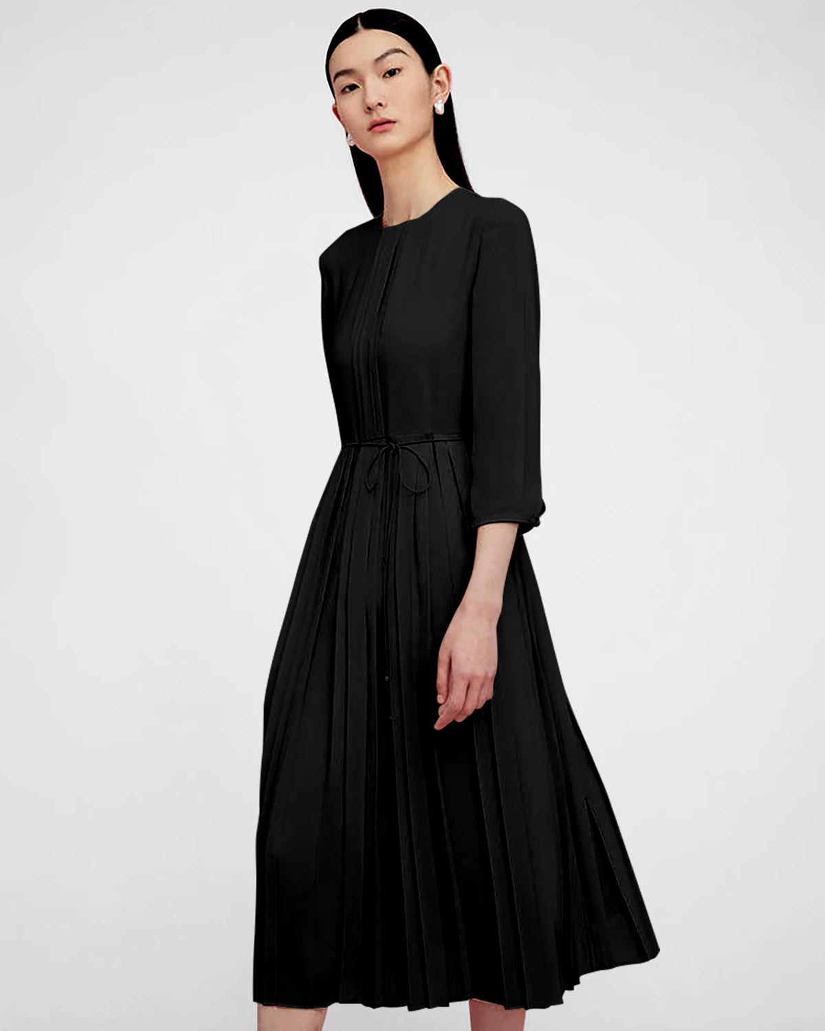 Pleated 3/4 Sleeve Silk Dress