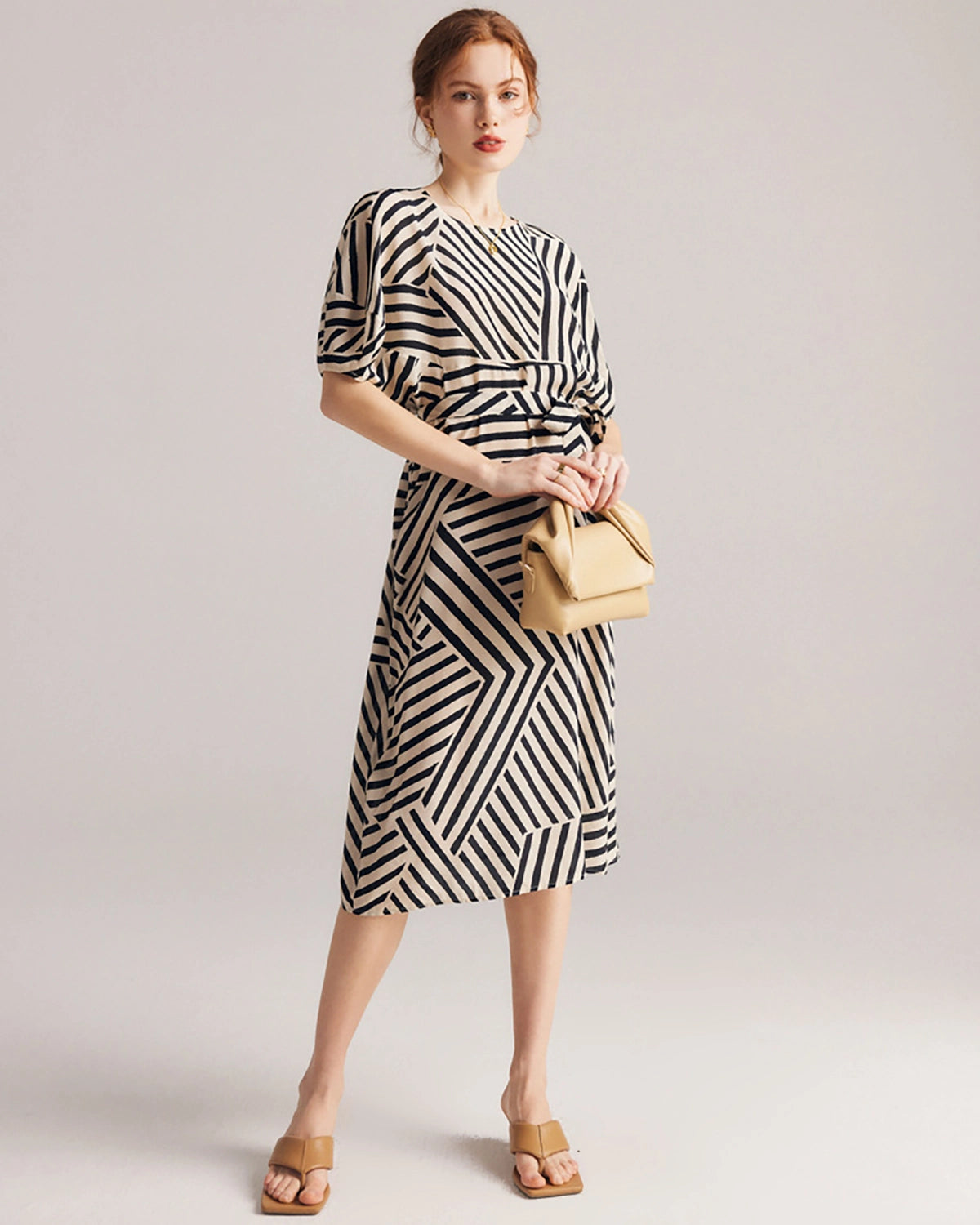 Women's Striped Belted Silk Dress
