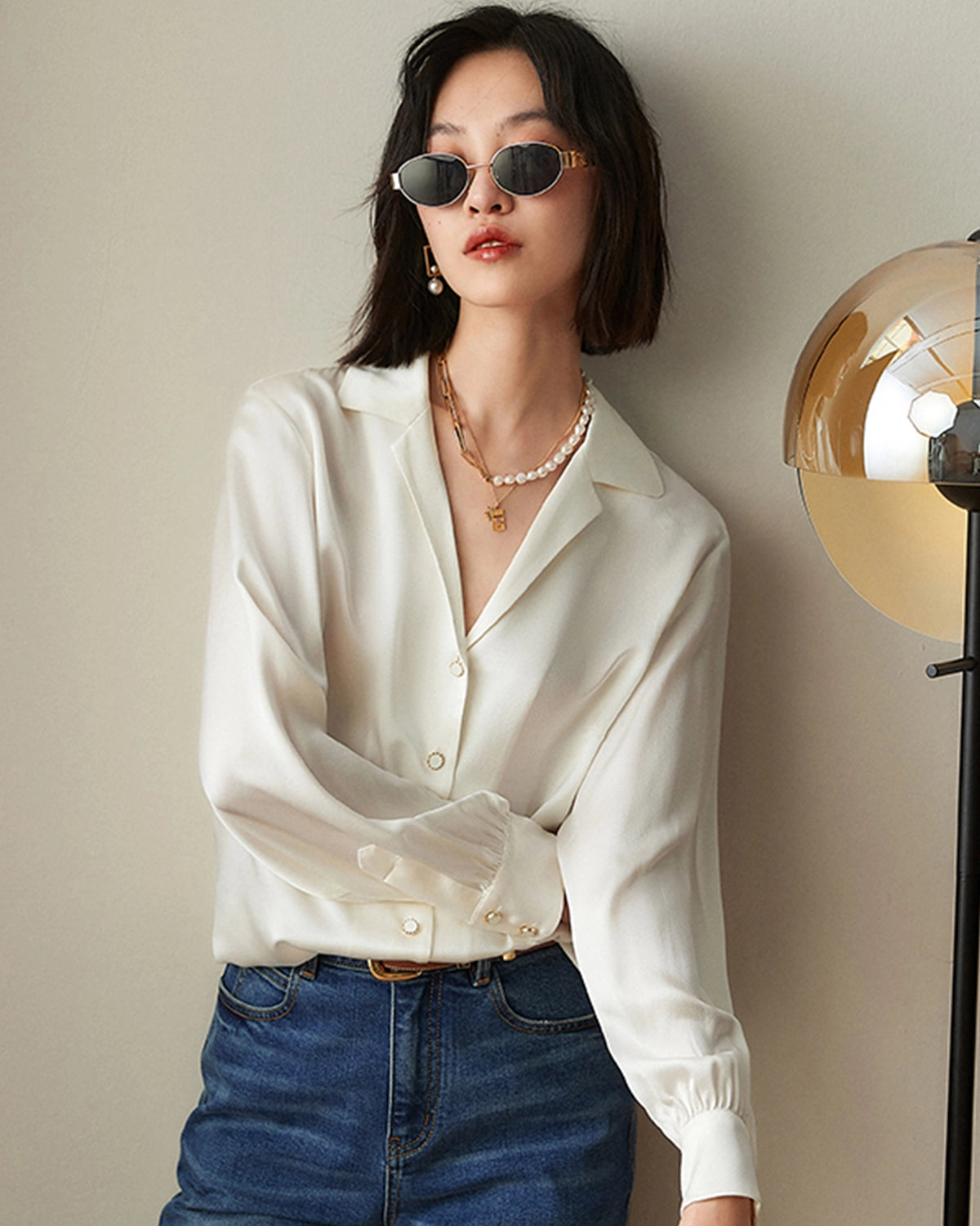 V-neck Lapel Collar Silk Blouse