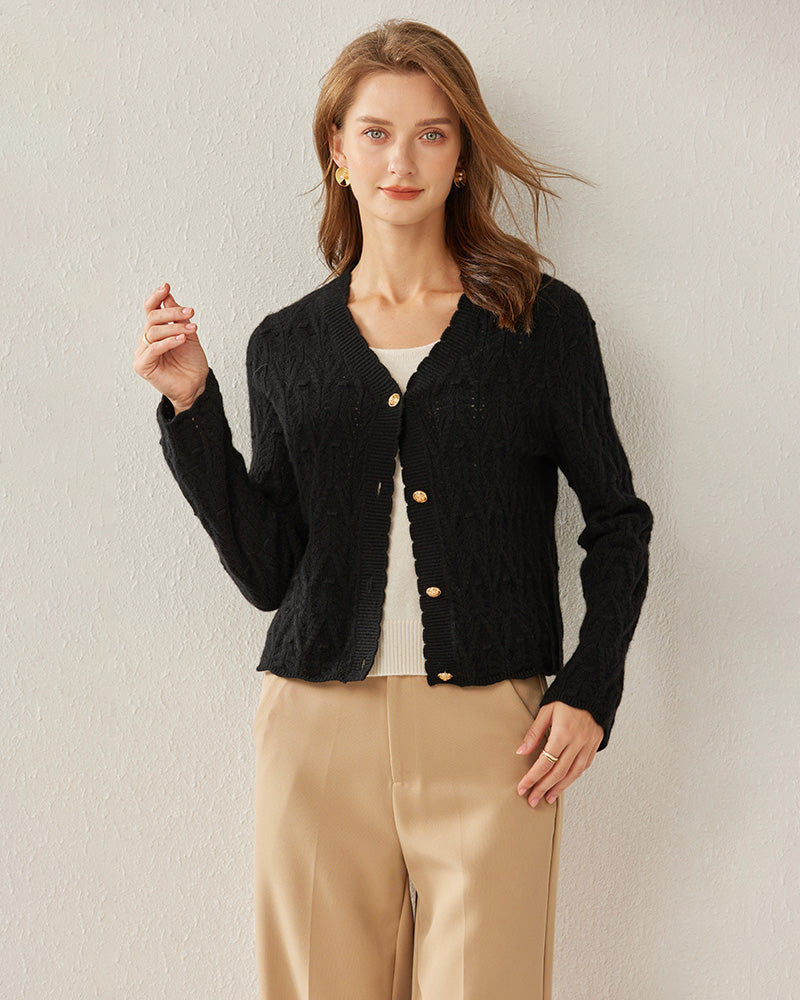 V-Neck Cable Knit Cashmere Cardigan
