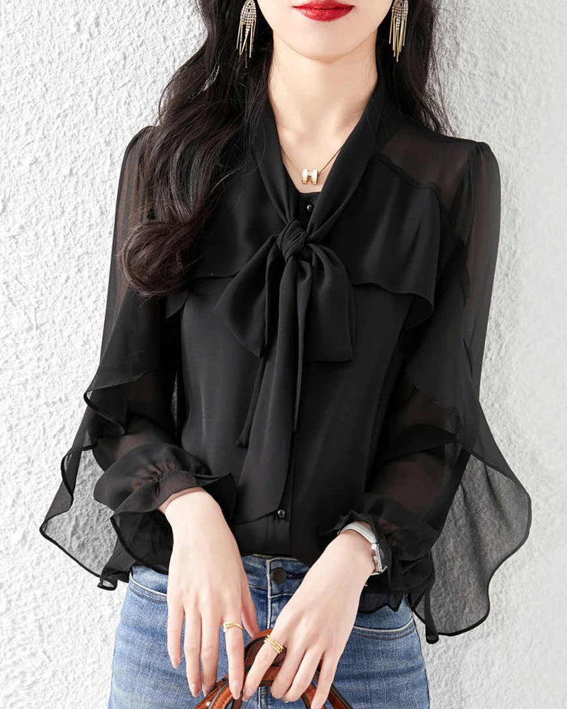 Silk Sheer Ruffle Sleeve Blouse