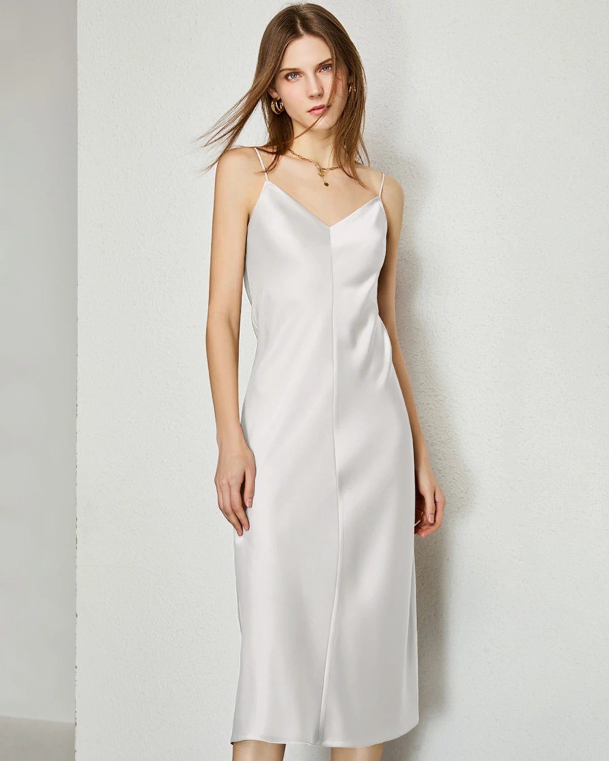 V-neck Silk Slip Midi Dress