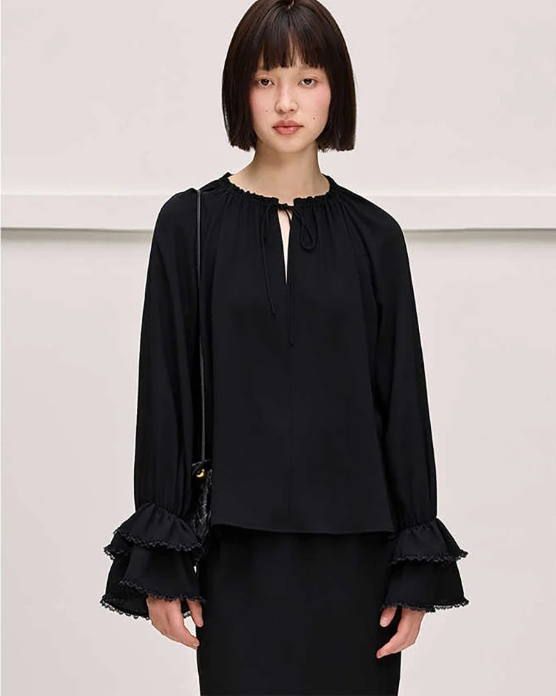Ruffled Sleeve Tie Front Silk Blouse