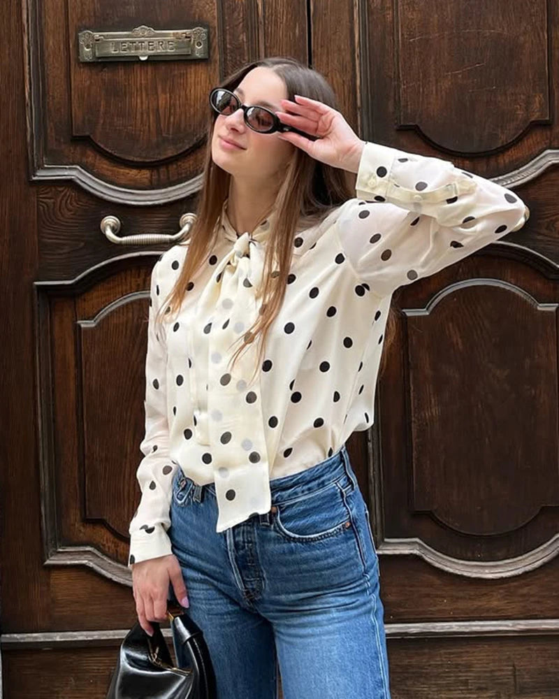 Polka Dot Tie Front Silk Blouse
