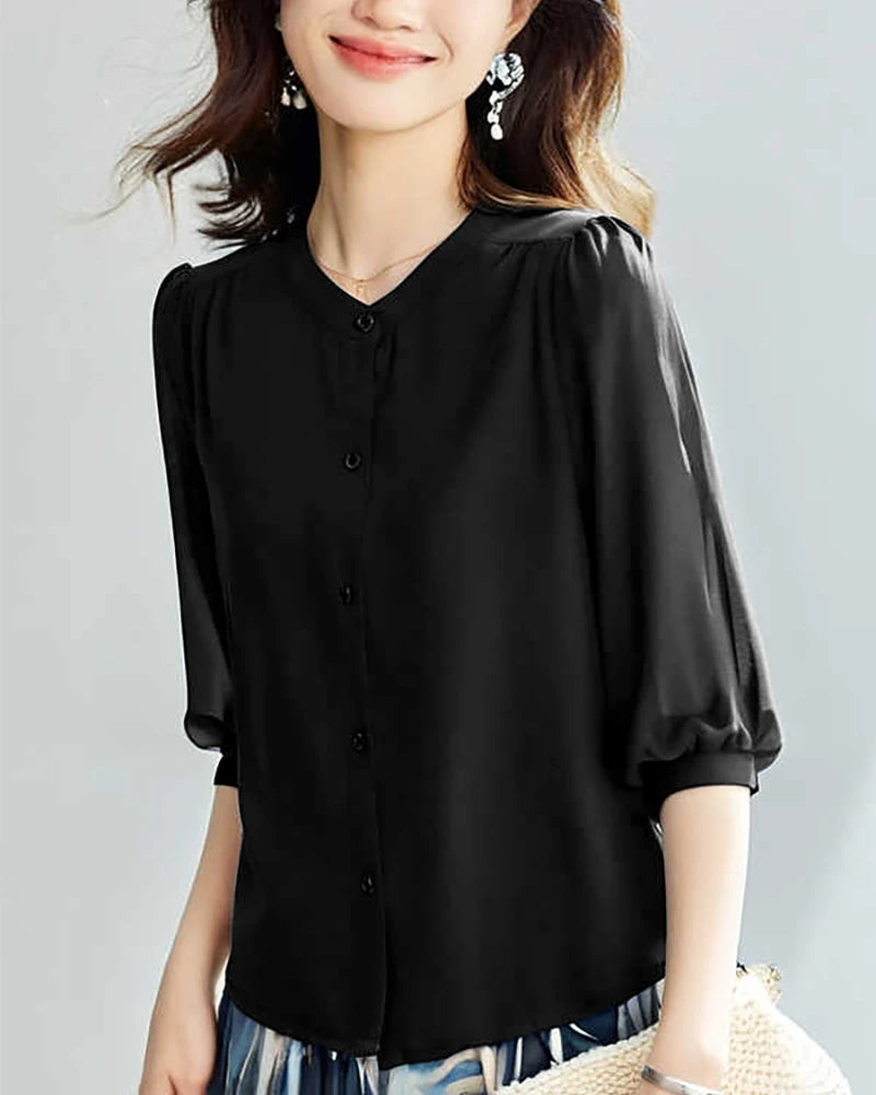 Round Neck 3/4 Sleeve Silk Blouse