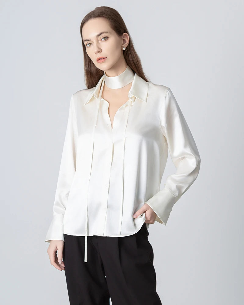 Women's Loose Tie Neck Silk Shirt