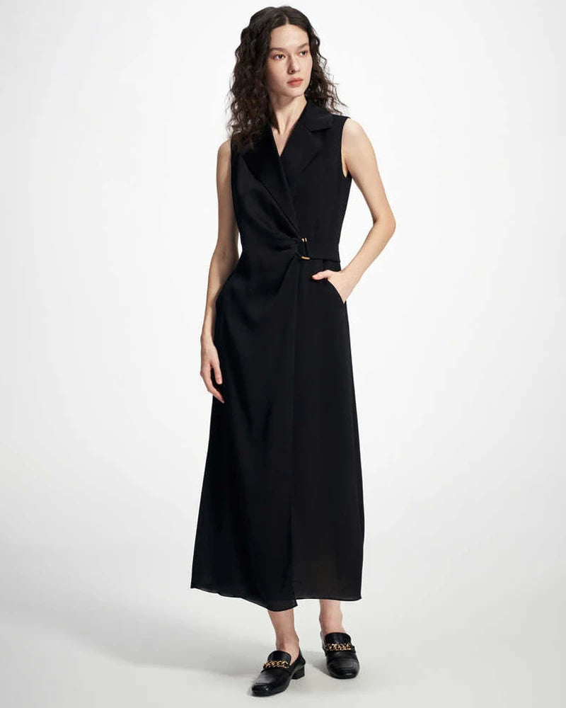 Black Silk Wrap Blazer Midi Dress