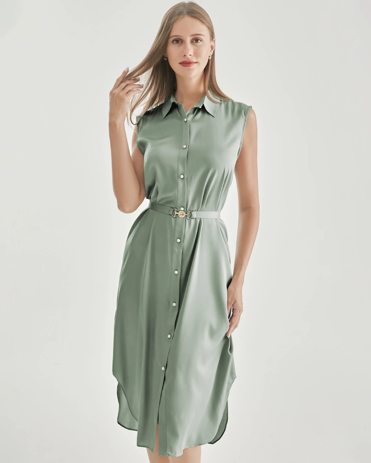 Belted Shirt Dress Sleeveless Silk Dress