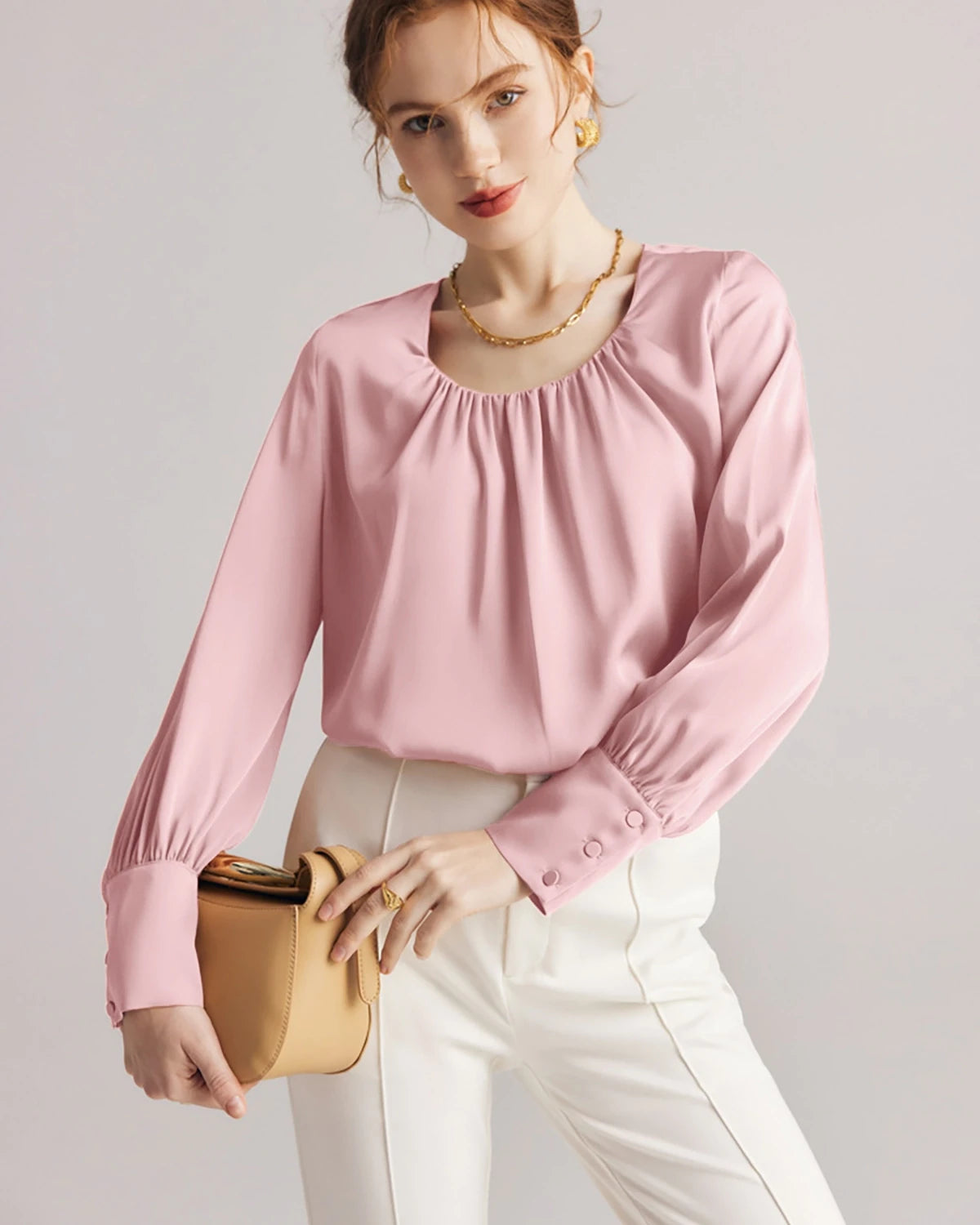 Pleated Round Neck Silk Blouse