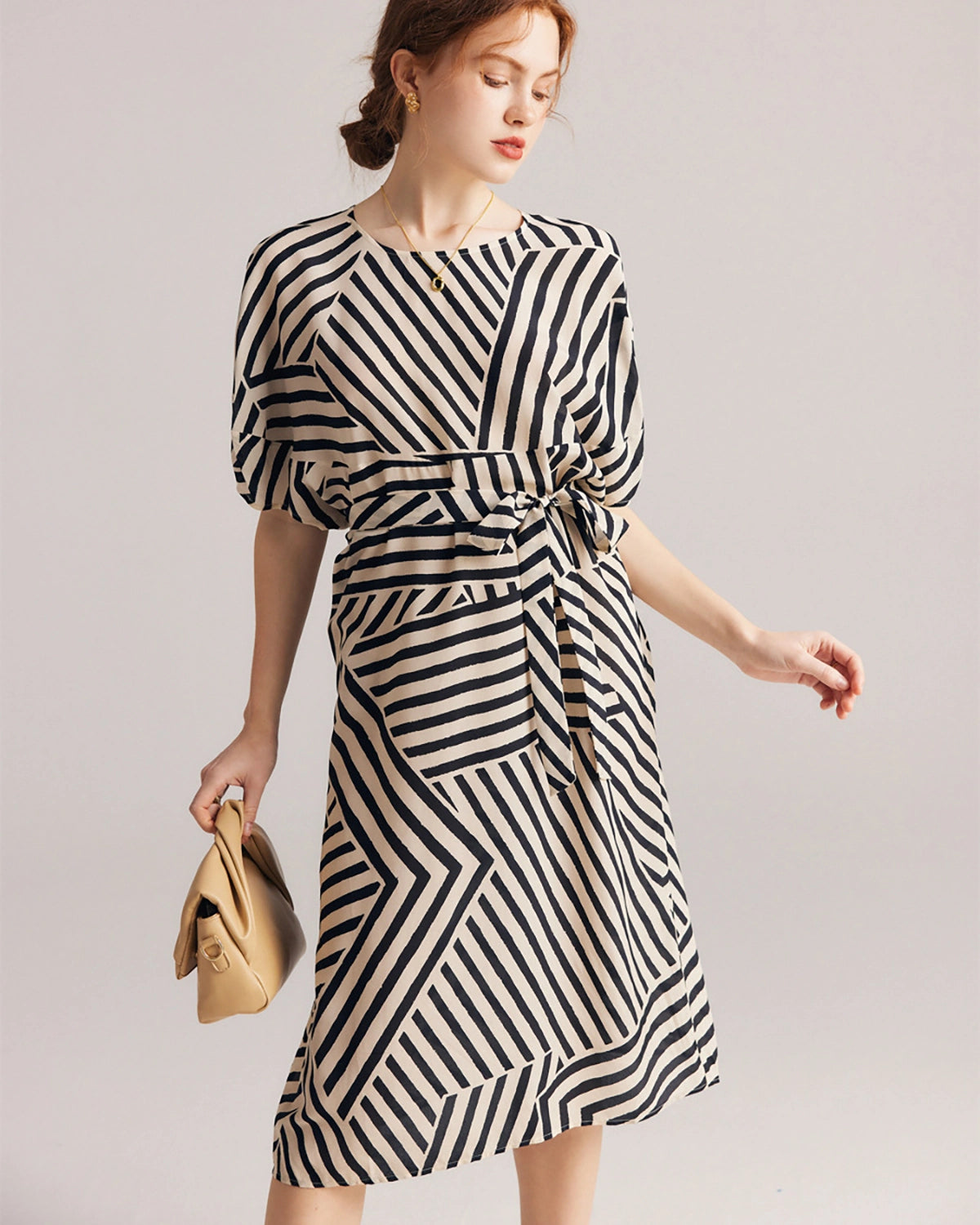 Women's Striped Belted Silk Dress