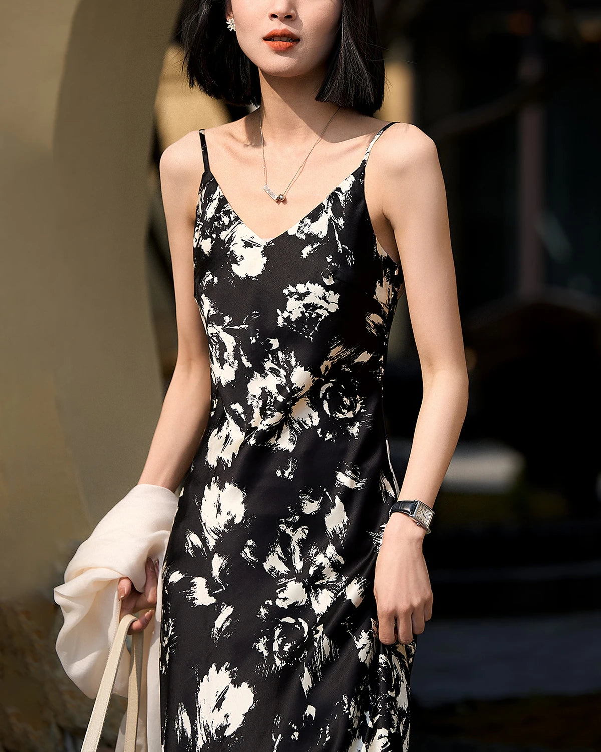 Silk Black and White Floral Dress