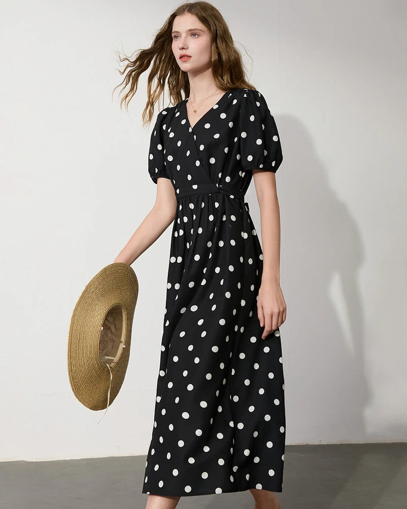 V Neck Polka Dot Silk Dress Short Sleeve