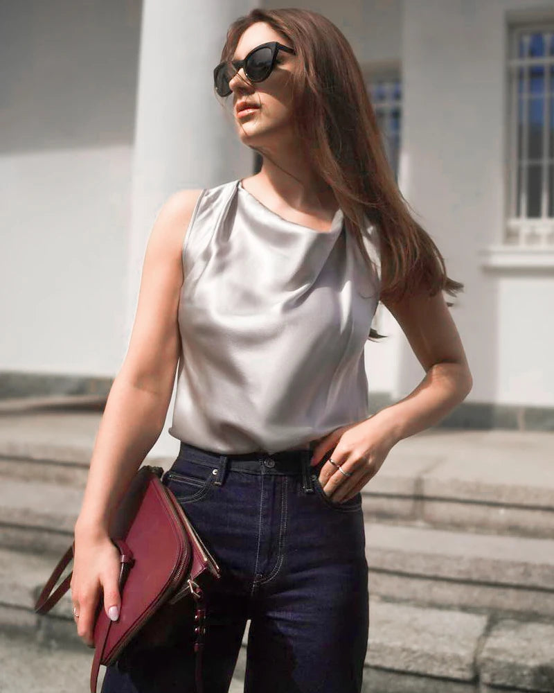 Sleeveless Silk Cowl Neck Top