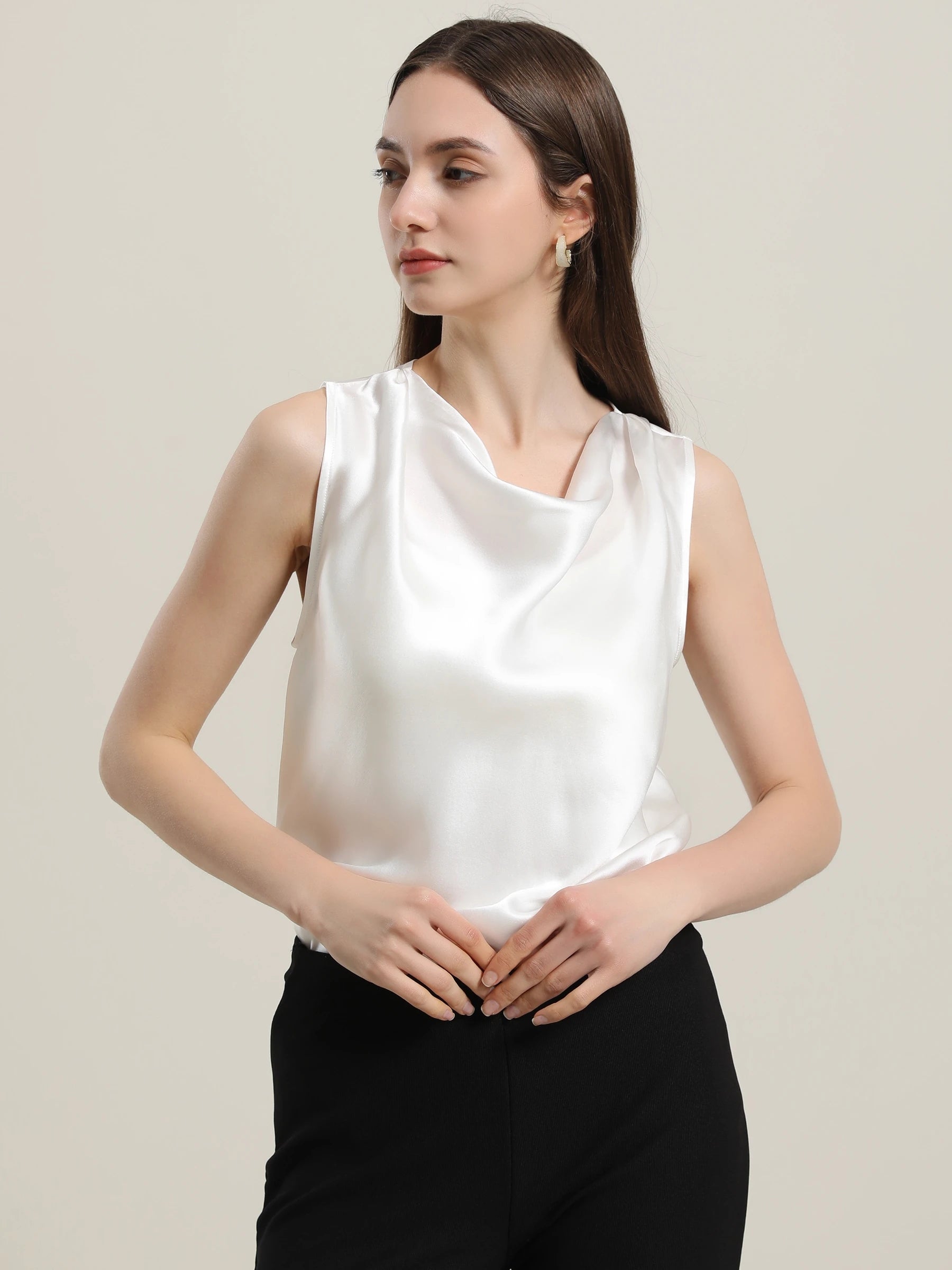 Sleeveless Silk Cowl Neck Top