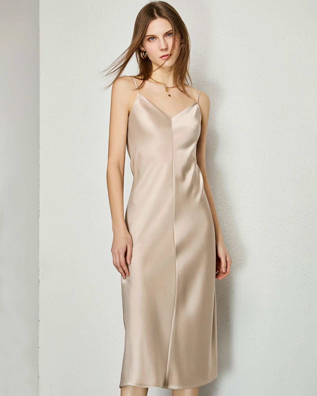 V-neck Silk Slip Midi Dress
