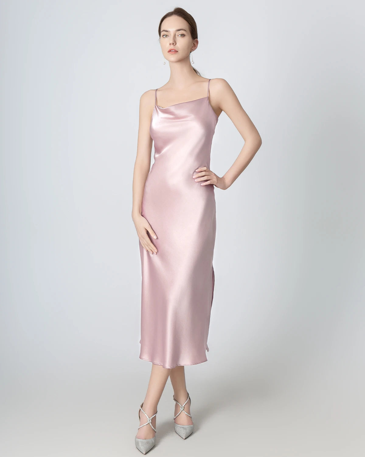 Slit Cowl Neck Midi Silk Dress