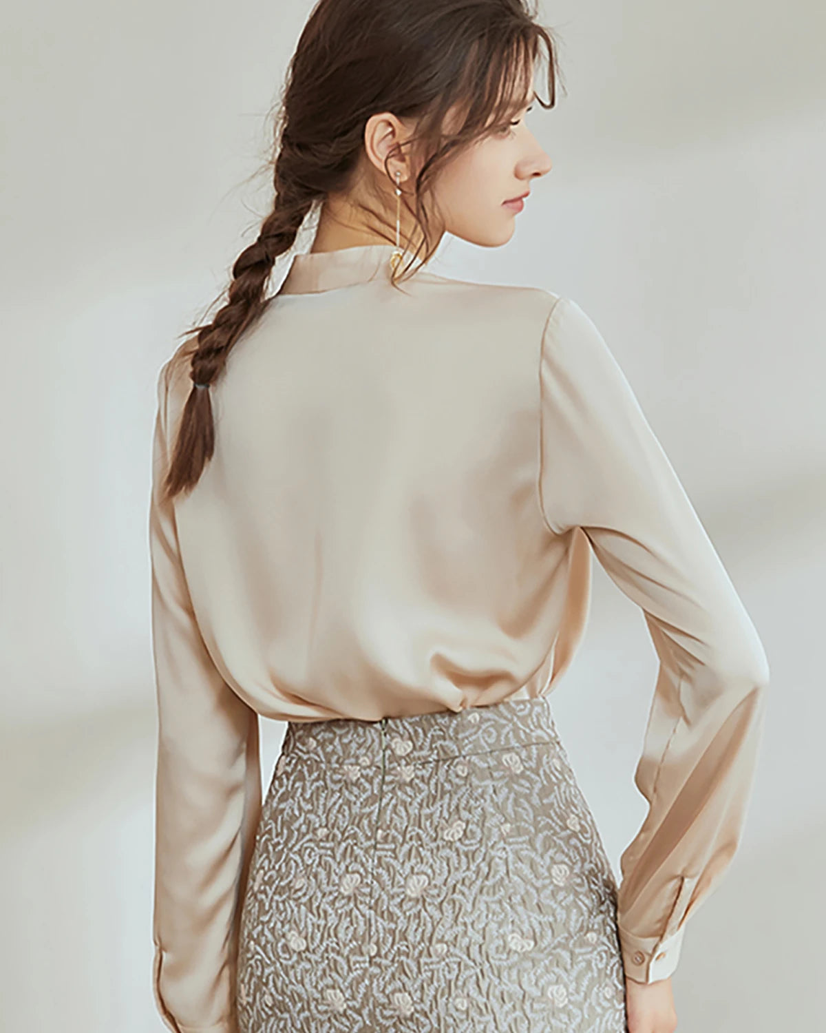 V-Neck Silk Pleated Blouse