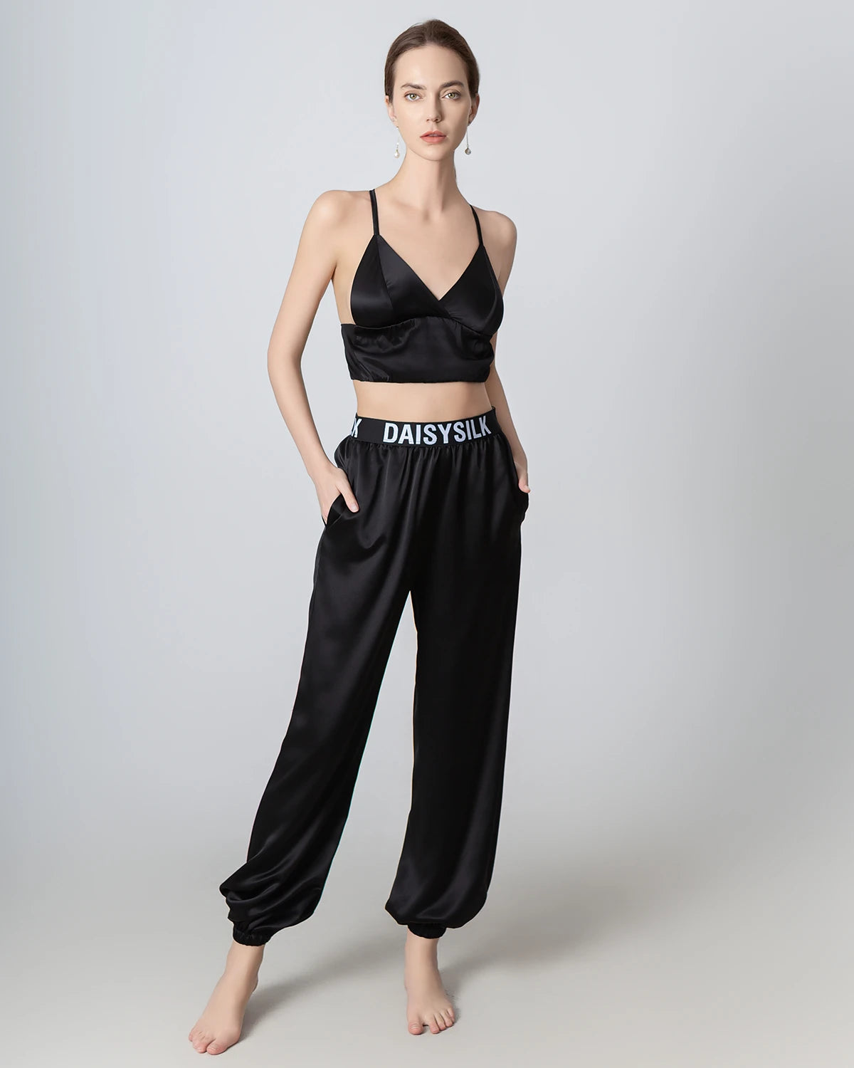 Elastic Waist Loose Ankle Cuffed Silk Pant for Women