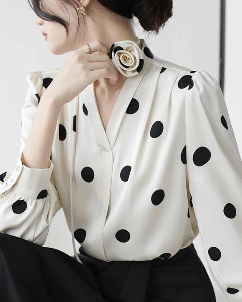 Polka Dot Silk Blouse with Rose Choker