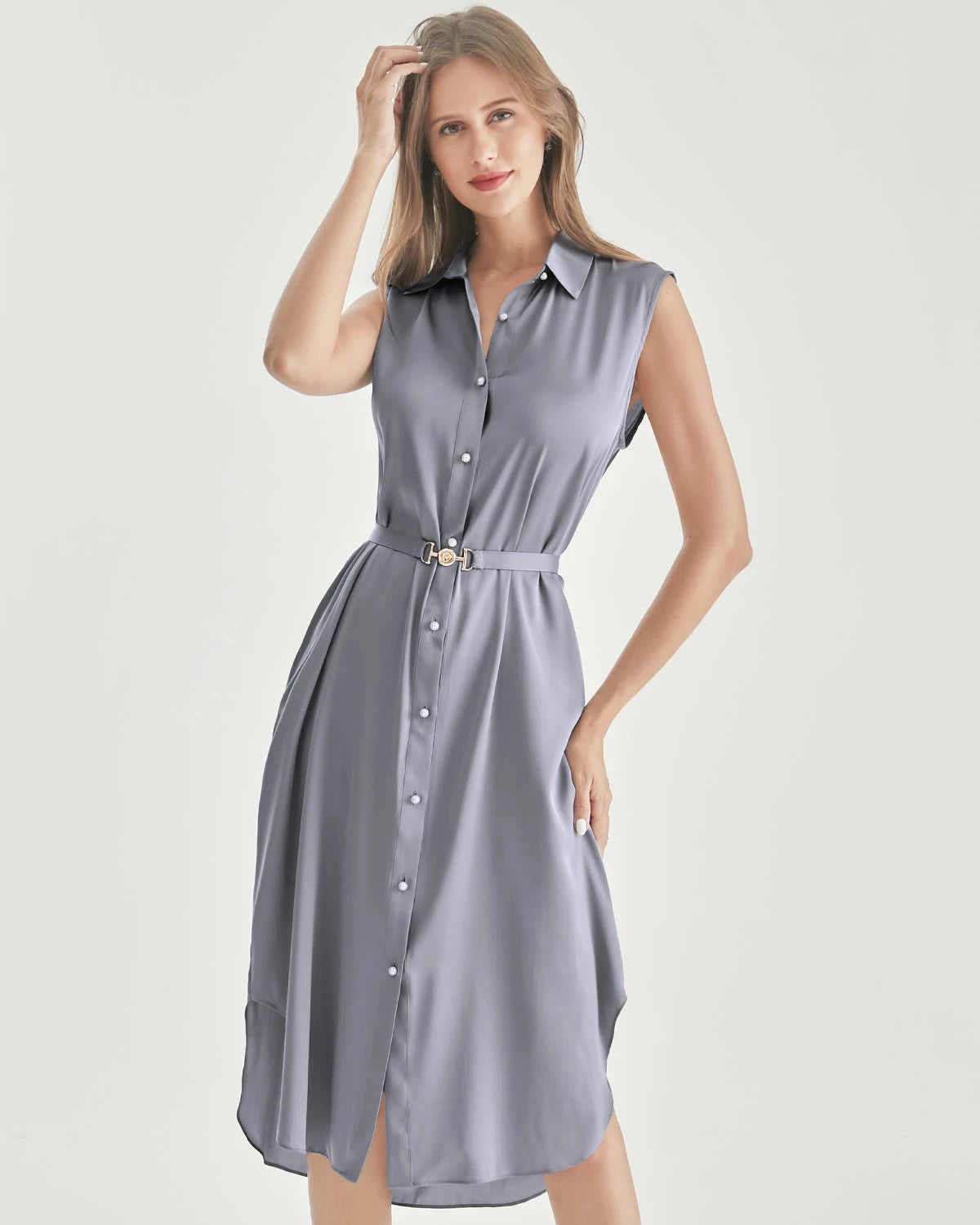 Belted Shirt Dress Sleeveless Silk Dress