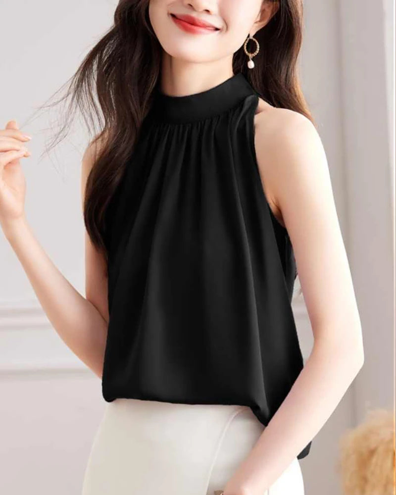 Mock Neck Sleeveless Silk Blouse
