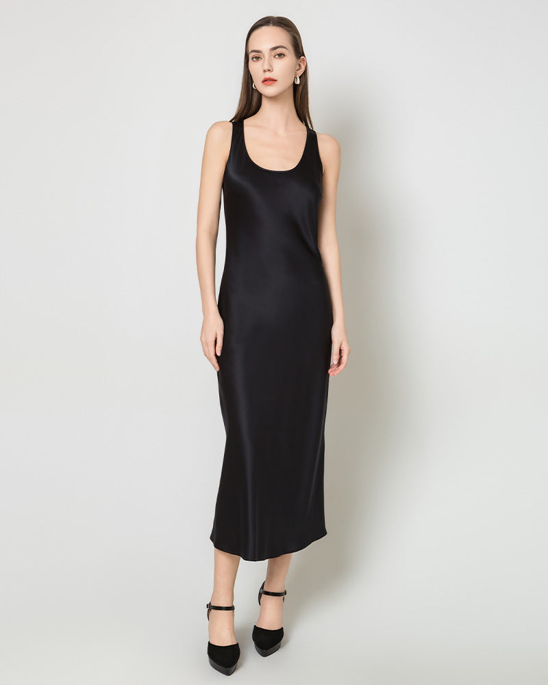 Silk Round Neck Cinched Waist Long Dress