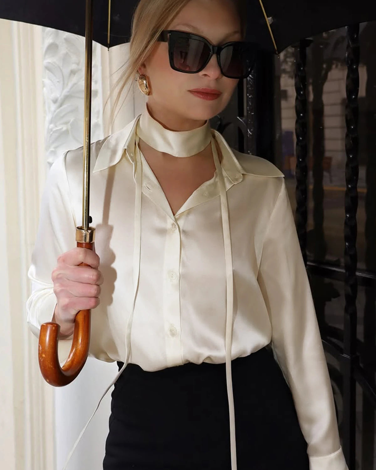 Women's Loose Tie Neck Silk Shirt