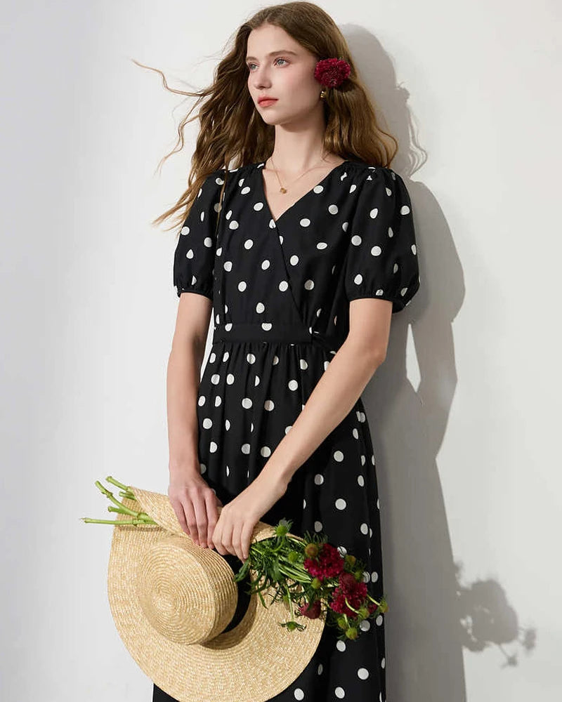 V Neck Polka Dot Silk Dress Short Sleeve