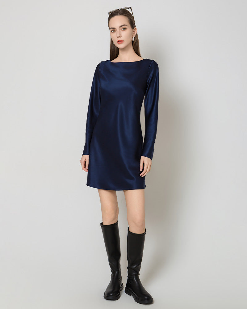 Silk Open-Back Long Sleeve Mini Dress