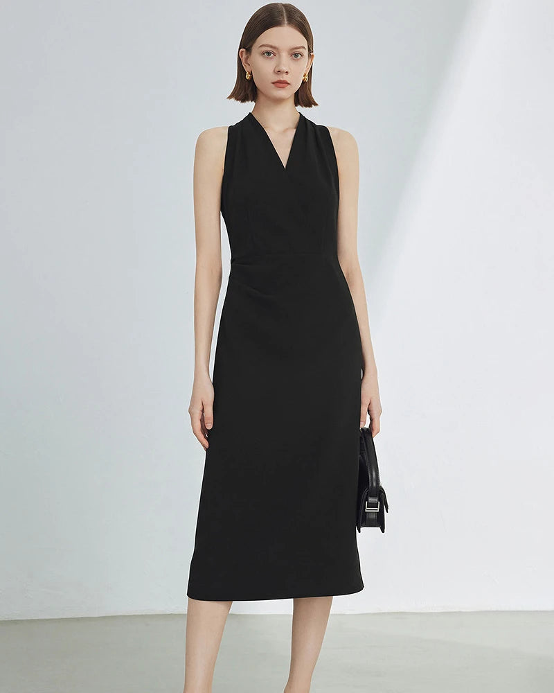 Black Silk Sleeveless Midi Dress