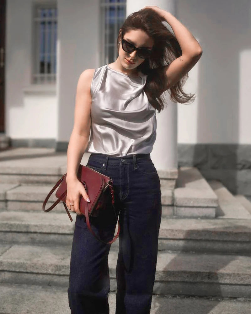 Sleeveless Silk Cowl Neck Top