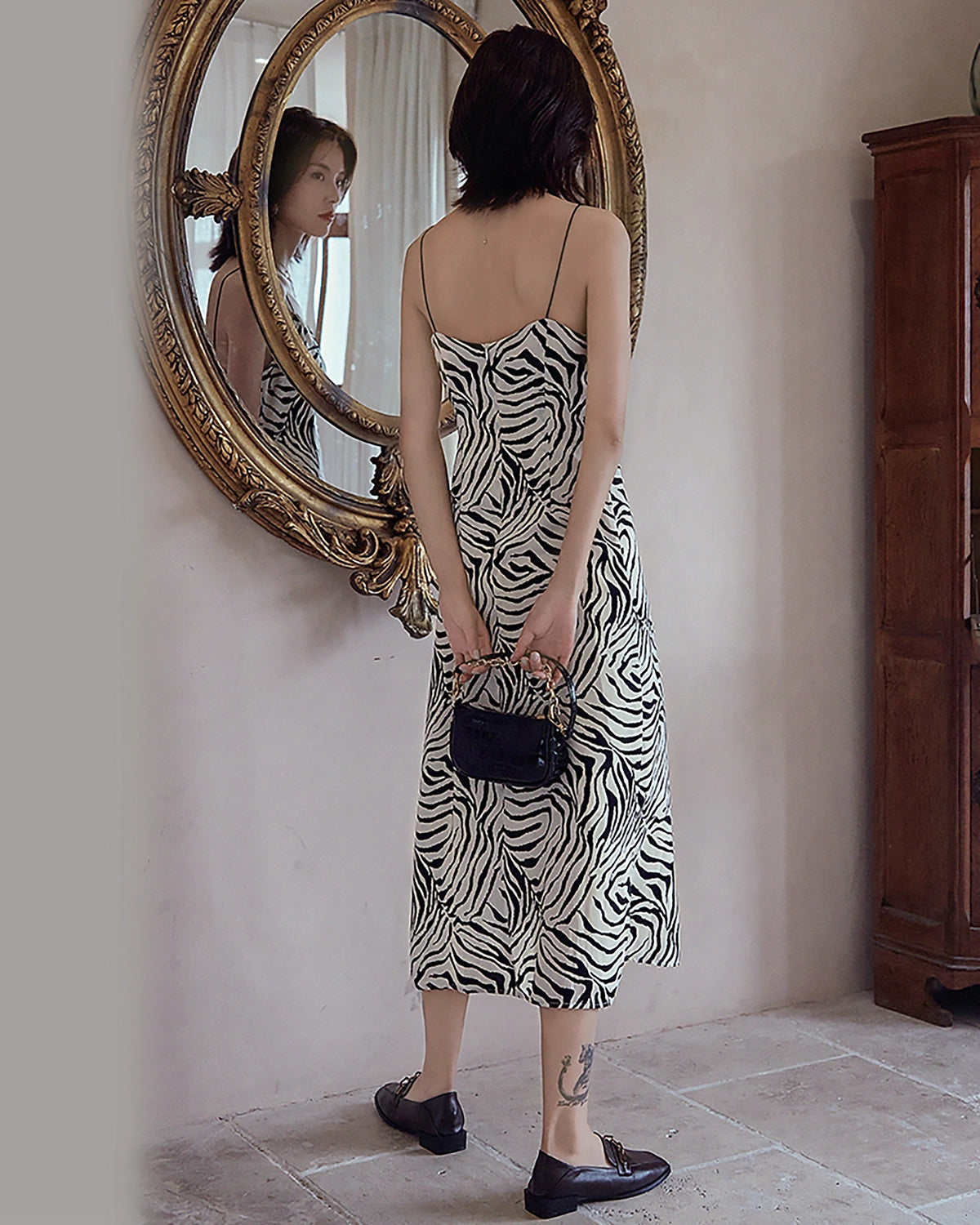 Zebra Print Spaghetti Strap Silk Dress