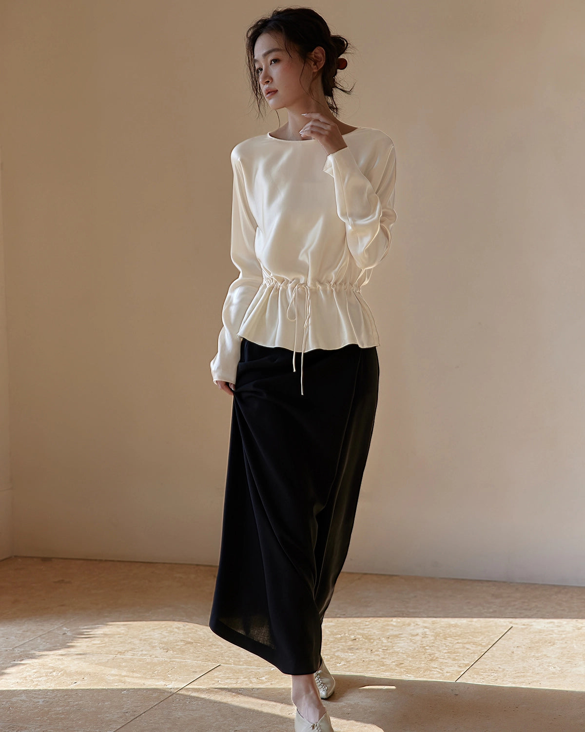 Elegant Drawstring Waist Silk Blouse