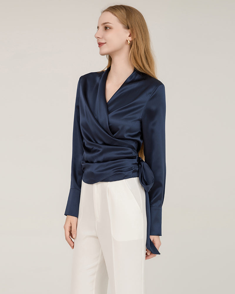 Elegant Fitted Silk Wrap Blouse