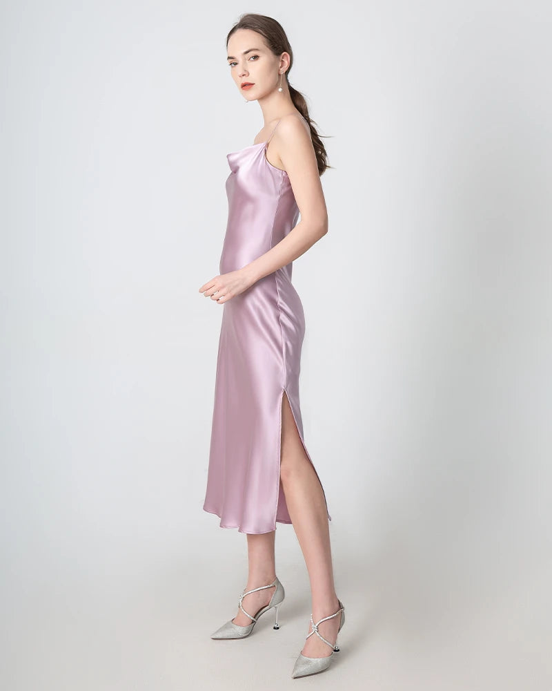 Slit Cowl Neck Midi Silk Dress